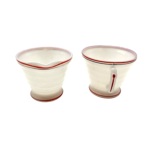 Vintage 1930s Hazel Atlas Milk Glass Creamer & Sugar Bowl With Red Black Stripes - Picture 2 of 6